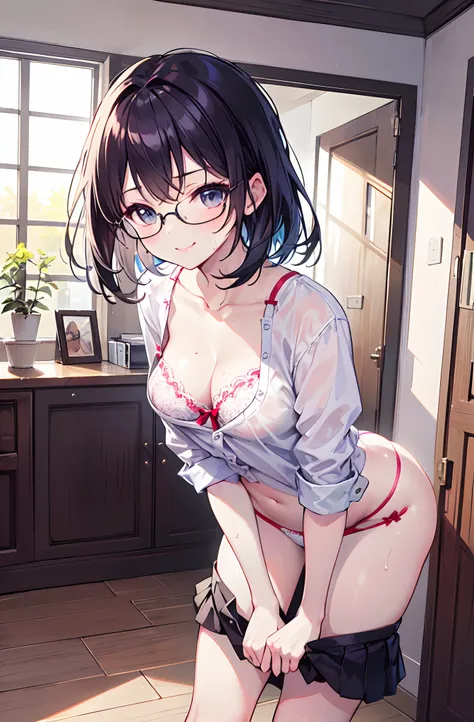 masterpiece, best quality, 1girl, beautiful body, indoor, room, buttocks, leaning towards, bra, panty, collarbone, glasses, medium short body, cute smile, skirt pull down, visible panty, changing clothes,, sweat, smug