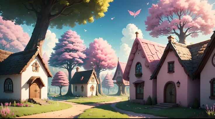 Cartoon fairy magical colony , pink tree , grass , magical houses , beautiful inverment, magical things flying in sky