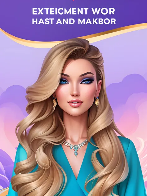 a woman with long blonde hair and blue dress with a necklace, glam hair, cartoon style illustration, high fashion classy, in style of digital illustration, stunning art style, detailed realistic beautiful, digital art of an elegant, fashion gameplay screen...