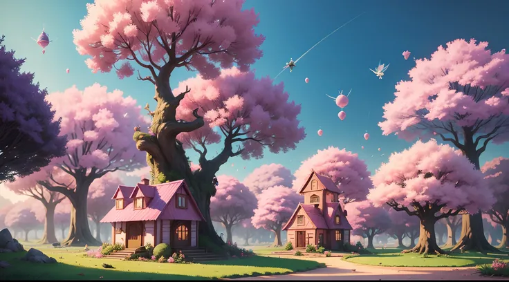 Cartoon fairy magical colony , pink tree , grass , magical houses , beautiful inverment, magical things flying in sky