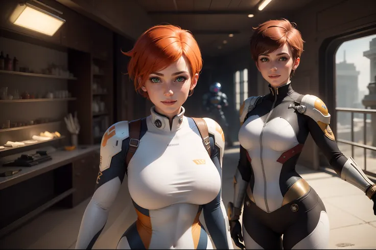 gwen tennyson,tracer,samus,rebecca chambers,overwatch,gundam,1girl,close up,mecha pilot,space port,mecha space suit,space marine,pirate corset, white long sleeve lycra top,white leggings,short hair,war makeup,green eyes,orange hair,hair highlights,shy smil...