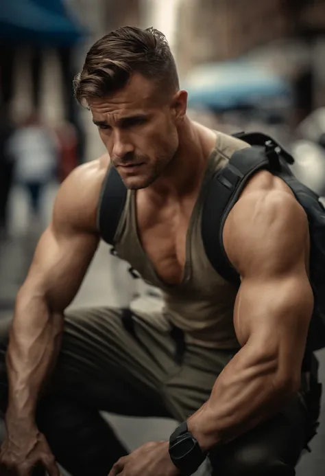 strong muscular man, Street Rage, backpack, magnificent realism, Photo, Faded, complex stuff around, Complex background, Wet, Neutral colors, ((((nffsw)))), (((( Muted colors)))), complex scenes, art  stations, Intricate details, Vignette