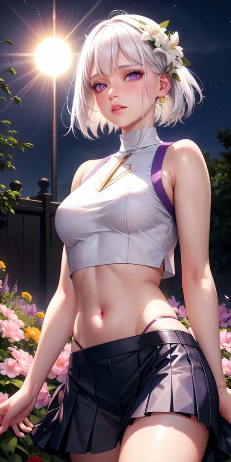 realistic, 1girl, white hair, purple eyes, glowing eyes, crop top, skirt, parted lips, blush, night, flowers, sun, sunlight,