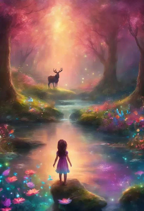 (best quality,4k,8k,highres,masterpiece:1.2), ultra-detailed, realistic, showcase, dream land, forest, little girl, moose, magical scenery, enchanted atmosphere, vibrant colors, whimsical lighting, fairytale-like, ethereal landscape, fantasy elements, myst...