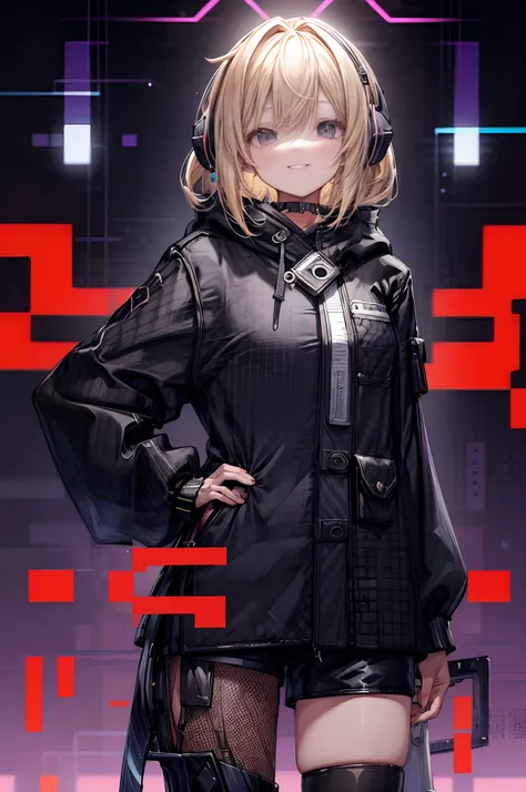 One girl, Blonde hair, Medium Hair, Long bangs, 1 blade on the side, headphones, hair between eye, tusk, Smile, Black oversized cardigan with hood, Shorts, from the front side, (portfolio),  Colorful background, (glitch art: 1.3), ultra-quality, super fine...