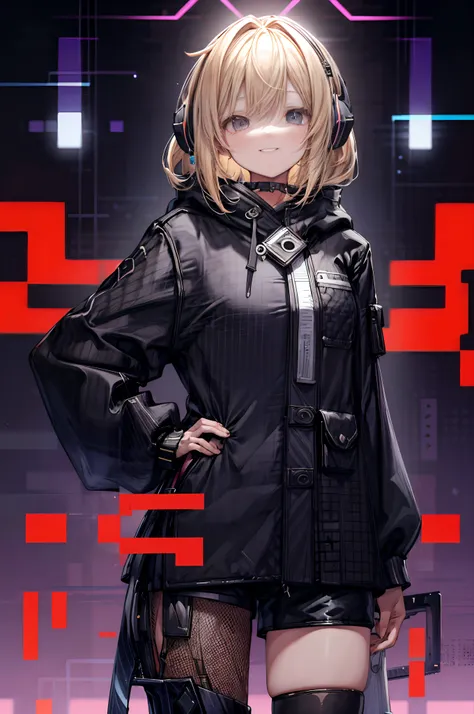 one girl, blonde hair, medium hair, long bangs, 1 blade on the side, headphones, hair between eye, tusk, smile, black oversized ...