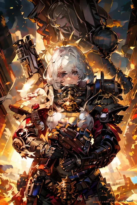 (((masterpiece))),(((best quality))),((ultra-detailed)),(illustration),((extremely delicate and beautiful)),(beautiful detailed eyes),(detailed light) (1girl), soft, ((Warhammer 40k)), sister of battle, Adepta Sororitas, pixie cut hair, white hair, fluffy ...