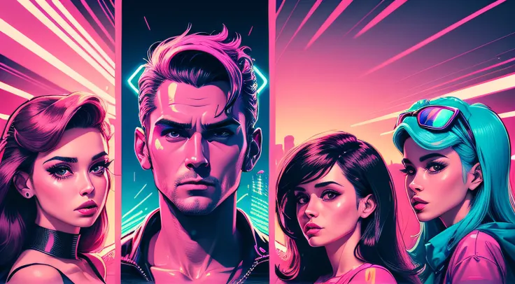 retrowave style, extremely detailed, neon pop art, outdoors, people, characters sheet, isolated, illustration art