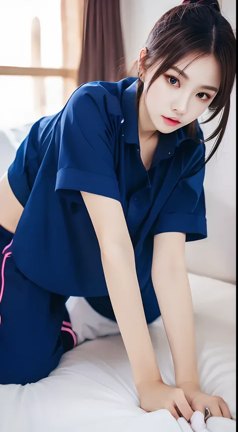 masterpiece, best quality, ultra realistic, hyper-detailed, 8k resolution, RAW photo, sharp focus, (2 girl in bedroom), ((navy shirt:1.1)), short sleeves, long trackpant, perfect body, 2 mature female, 18yo, cinematic light,Long-legged warm keng