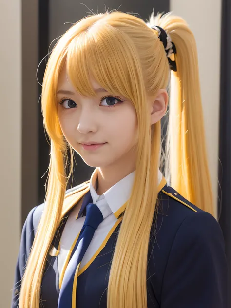 (Best Quality, masutepiece:1.2), 1 girl, 17 years old, Solo, yellow hair,Eyes with beautiful details,(idol uniform),The upper part of the body,ear, side ponytail hair,