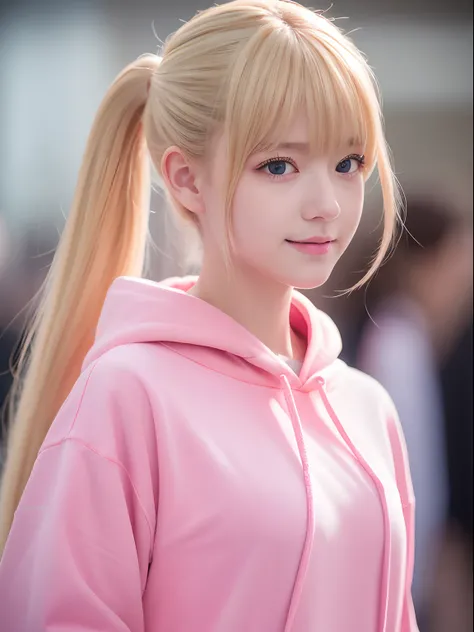 (Best Quality, masutepiece:1.2), 1 girl, 17 years old, Solo, yellow hair,Eyes with beautiful details,(idol uniform),The upper part of the body,ear, side ponytail hair, soft pink hoodie