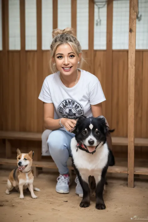 Uma garota com aproximadamente 18 anos de idade, com roupas sujas e velhas, com varios cachorros ao fundo. The scene takes place in a dog shelter. ela esta olhando para a foto