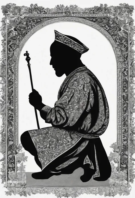 black silhouette on white background, short, squat medieval bard, exaggerated proportions, silhouette, monochromatic