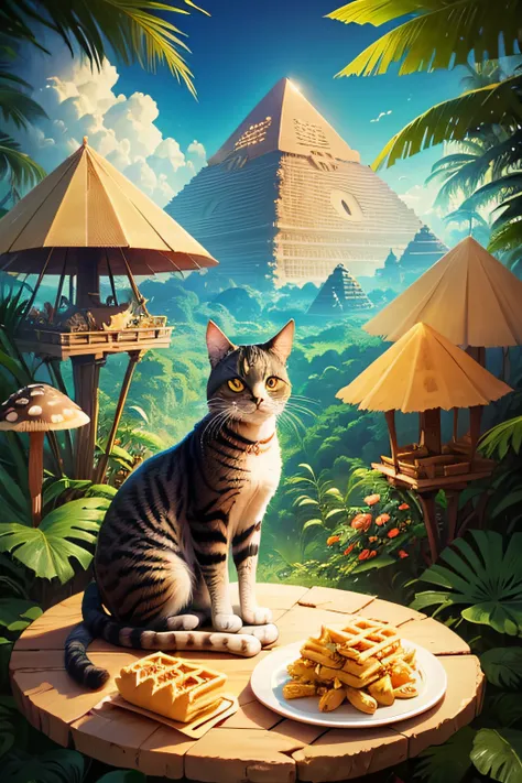 cat sitting on waffles in the jungle with pyramids, mushrooms, and flowers in the background