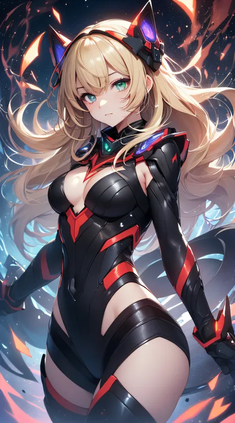 top-quality、Top image quality、​masterpiece、Android Girl((sixteen years old、Red, Black, Red and white glowing cybersuit、Blue energy source for the chest,Best Bust、Bust 90、Blonde Away Tail、Blue-green eyes、open chest wide、Valley、Happiness、A slender、Mysterious...