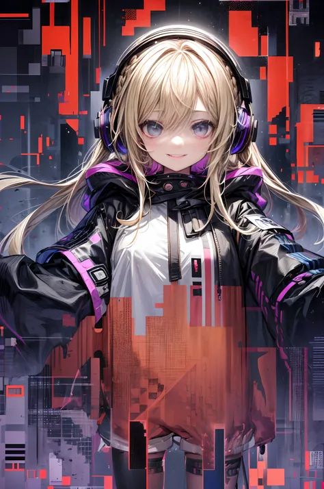 one girl, blonde hair, medium hair, long bangs, one braid on side, headphones, hair between eyes, fangs, smile, black oversized ...