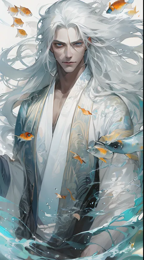 A pixiv competition winner, mature boy, tall muscular, fantasy art, white-haired god, very dark black skin beautiful character painting, guvez style artwork, dazzling gaze of Yuki Onna, guweiz, long white hair, flowing hair and robes, delicated eyes, illus...