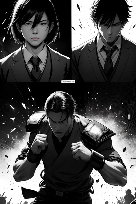 （Illustration sub-shots）Black and white Japanese manga，There are multiple panels on the page::The man roared。，He clenched his fists，Deal a fatal blow to school bullies。Image from《Fight》Magazines,《Hot-blooded universities》author：tatsuki fujimoto。Highly deta...