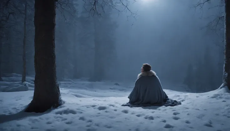 In a snowy night, at the edge of a mystical forest scene from a film, a newborn baby lies wrapped in wool and fur. The eerie atmosphere of medieval Hungary surrounds the scene, creating a cinematic ambiance. The baby is delicately portrayed, with the intri...