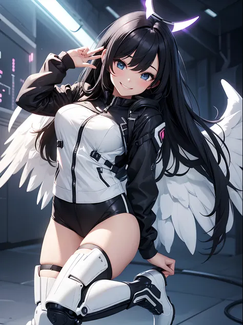 1girl, smiling, winking, black hair, long hair, halo, 80s style jacket, white angel wings, robotic boots, protagonist, high energy.