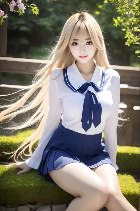 Single girl, school uniform, blue sky, bright and very beautiful face, young and shiny white shiny skin, best good looks, blonde hair with dazzling reflection of light, beautiful platinum blonde super long silky straight hair shiny shiny, long bangs, treme...