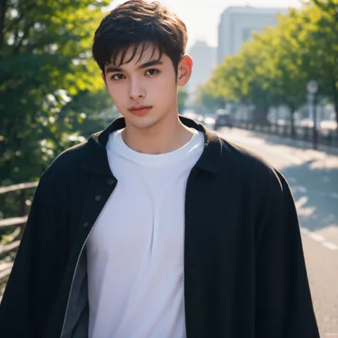 raw photography, 1boy, male focus, topless young man, hair messy, looking at viewer, in a street, beautiful lighting, deepshadow...