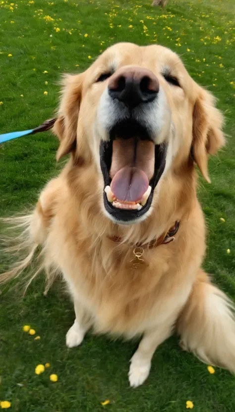 A golden retriever bites a whistle in his mouth and looks at his crying owner