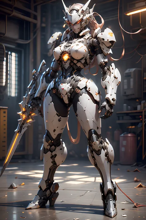 beautiful alluring cyborg mecha knight female, metal chrome bare skin, athletic well toned body, exposed mechanical parts and wi...