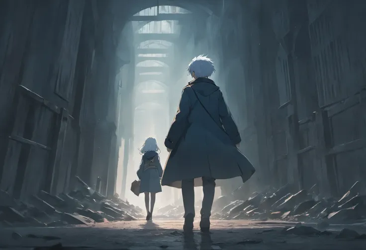 A male student wearing a student uniform，Facing away from a white-haired schoolgirl in a trench coat，Walk through vast ruins，Under a black sky，In the distance, There is a fuzzy black monster in the fog。