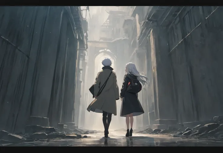 A male student wearing a student uniform，Facing away from a white-haired schoolgirl in a trench coat，Walk through vast ruins，Under a black sky，In the distance, There is a fuzzy black monster in the fog。