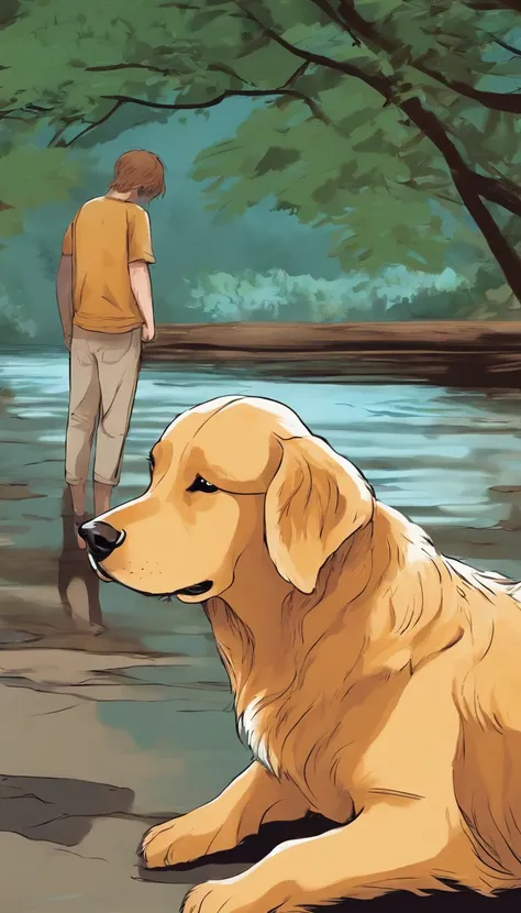 A golden retriever looks at its weeping owner，Anime comic style