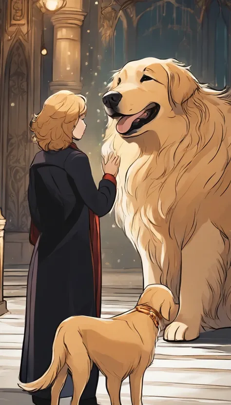 A golden retriever looks at its weeping owner，Anime comic style