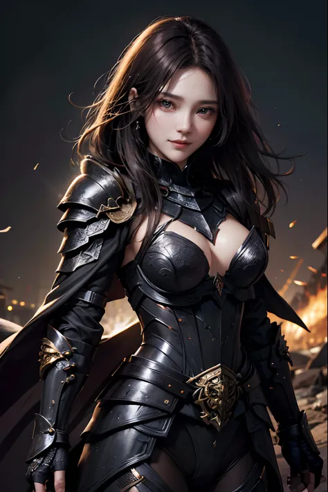 Beautiful Woman。Detailed face。Smiling and bewitching。Dark brown hair。Wearing black armor with a scorpion motif。The chest area is emphasized。８K image quality。Masterpiece。