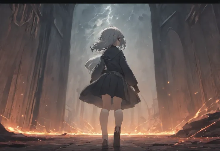 A dark-haired man in a student uniform and a silver-haired girl in a skirt face away from the photo，Walk through vast ruins，Under a black sky，In the distance, There is a fuzzy black monster in the fog。