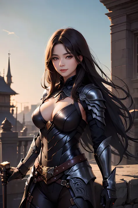 One Beautiful Woman。Detailed face。Smiling and bewitching。Dark brown hair。Wearing black armor with a scorpion motif。The chest area is emphasized。８K image quality。Masterpiece。