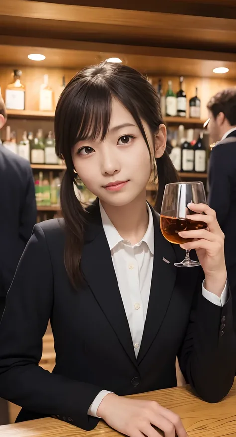 (top-quality、​masterpiece:1.2)、Best Quality、realisitic、photoshot、hight resolution、1080p、8K、Textured skin、Physical Rendering、1 Japan Girls、High school students、kawaii、Young Face、poneyTail、(black suits:1.5)、a bar counter、Sit up、Holding a glass of whiskey、Sit...