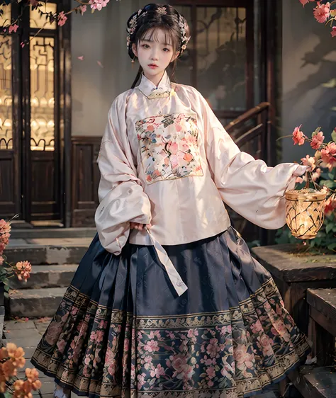 tmasterpiece，best qualtiy，ultra - detailed，（anatomy correct，Accurate and perfect Korean female face，exquisite facial features，Dexterous hands），1girl，20yr old，standing on your feet，Full body like，Hold a paper fan in your hand，Stand in the middle of the beau...