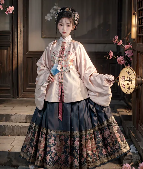 tmasterpiece，best qualtiy，ultra - detailed，（anatomy correct，Accurate and perfect Korean female face，exquisite facial features，Dexterous hands），1girl，20yr old，standing on your feet，Full body like，Hold a paper fan in your hand，Stand in the middle of the beau...