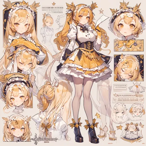 ((Masterpiece, Highest quality)), Detailed face, CharacterDesignSheet， full bodyesbian, Full of details, Multiple poses and expressions, Highly detailed, Depth, Many parts，Beautiful Maid，Holding a shield，double-ponytail，estilo fantasia，Orange caramel，Extre...