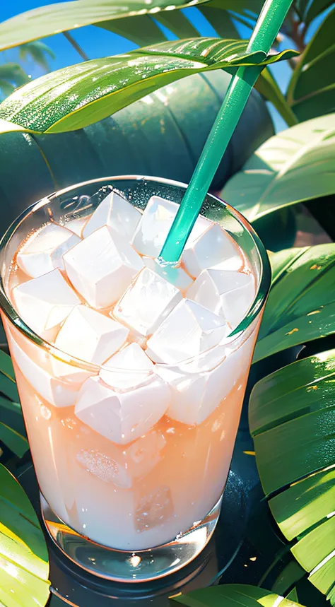 (Chinese beauty) A soft drink made of coconut juice, ice cubes, and coconut juice. Milky white turns white. Very cool. There are colored straws and ice cubes, placed on green leaves, outdoors, a clear blue sky, beautiful clouds