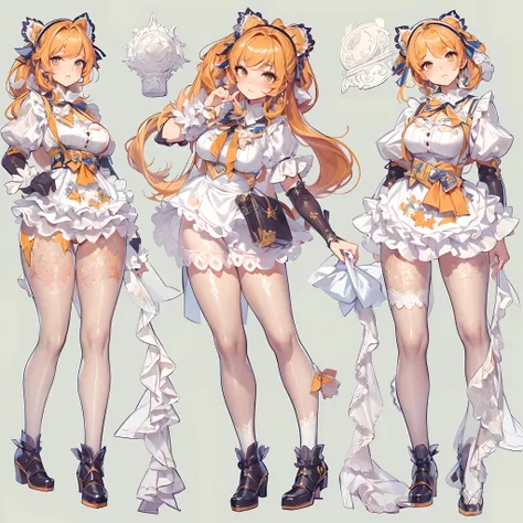 ((Masterpiece, Highest quality)), Detailed face, CharacterDesignSheet， full bodyesbian, Full of details, Multiple poses and expressions, Highly detailed, Depth, Many parts，Beautiful Maid，Holding a shield，double-ponytail，estilo fantasia，Orange caramel，Extre...