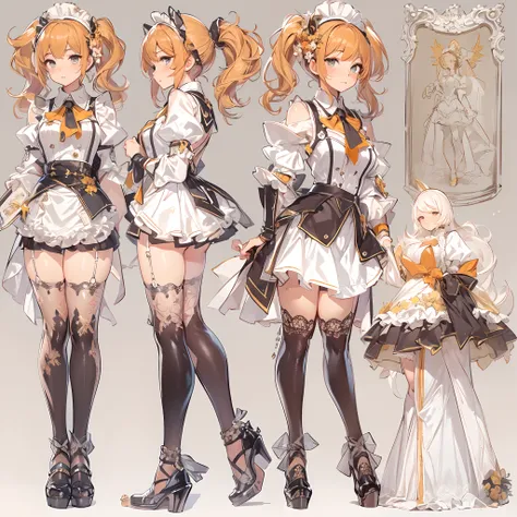 ((Masterpiece, Highest quality)), Detailed face, CharacterDesignSheet， full bodyesbian, Full of details, Multiple poses and expressions, Highly detailed, Depth, Many parts，Beautiful Maid，Holding a shield，double-ponytail，estilo fantasia，Orange caramel，Extre...