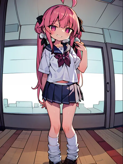 Highly detailed and realistic CG, Colorful, Masterpiece, Best Quality, magnificent, jewel-like eyes, daizu, 1girl, solo, loli, child, mesugaki, pink hair, long hair, twintails, school uniform, miniskirt, loose socks, school shoes, grin, jig eyes, half-clos...