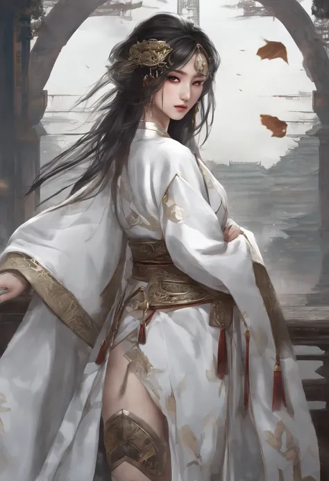 bestquality, Masute Piece, ultra-high resolution, (Realistic: 1.4), Xiuxian, Smiles, Shy, navel, Delicate makeup, Spectacular jewelry, long-haired, face detail,, 1 girl, White Clothes, Lotus Print, Maple leaf printing, bara, weapons, (Magic Circle: 1.2), X...