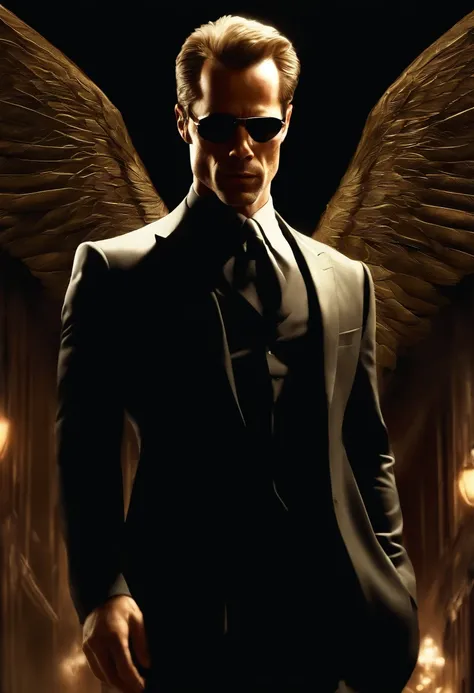 ((best quality)), ((masterpiece)), (detailed) fan art of evil blond man (Guy Pearce) in a pitch black suit emerging from the shadows, blond ((Guy Pearce)) stepping into the light towards the camera, Guy Pearce, the matrix (1999), square sunglasses, night, ...