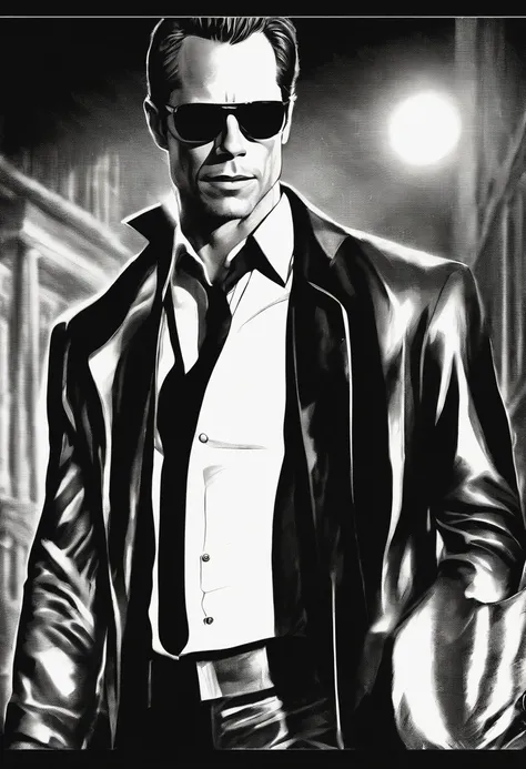 ((best quality)), ((masterpiece)), (detailed) fan art of evil blond man (Guy Pearce) in a pitch black suit emerging from the shadows, blond ((Guy Pearce)) stepping into the light towards the camera, Guy Pearce, the matrix (1999), square sunglasses, night, ...