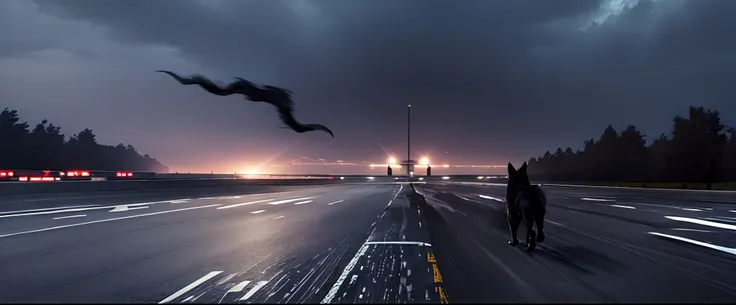 black wolf is running across the runway