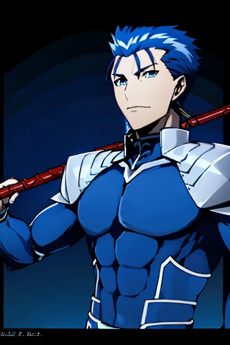 Top image quality, Fate, Lancer, One Man, Wearing blue clothes, Blue shorthair, Holding a spear, Upper body