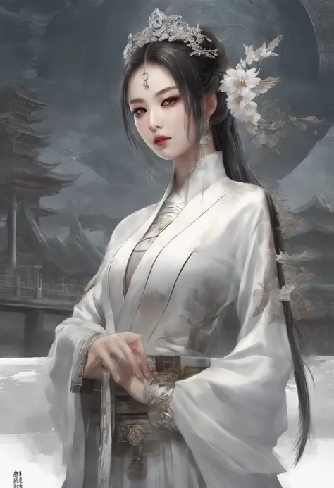 bestquality, Piece Table, ultra-high resolution, (Realistic: 1.4), Xiuxian, Smiles, Shy, , Delicate makeup, Spectacular jewelry, long-haired, face detail,, 1 girl, White Clothes, Lotus Print, Maple leaf printing, bara, weapons, (Magic Circle: 1.2), Xiuxian...