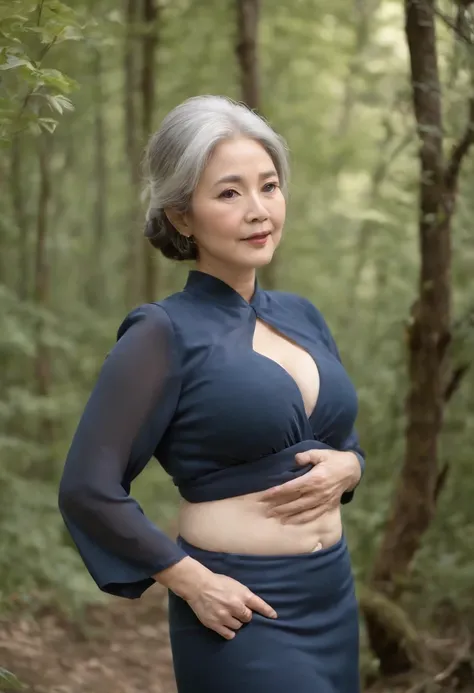 (((plump Japan and beautiful))) ，large boob，cleavage of the breast，light skinned, Women around 65 years old, Natural gray hair, Dark brown eyes are characteristic, Wear sheer underwear in a light dress, slender and graceful,,, Beautiful, In the forest with...